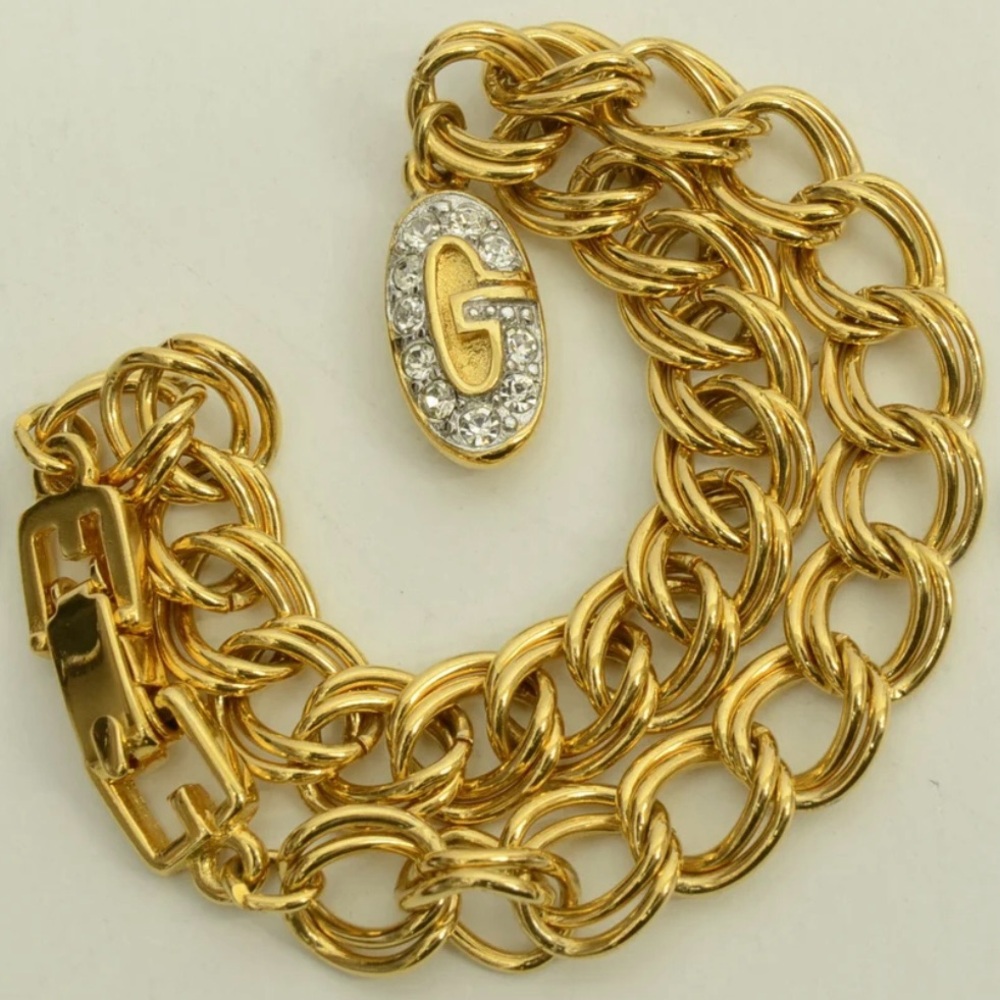 Authentic Givenchy Gold Bracelet with Gold Rhinestone G Logo Charm